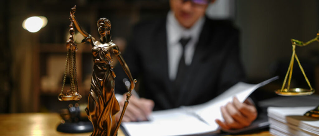 A bronze statue of the scales of justice beside an attorney reviewing case documents, representing civil and business litigation handled by Osman Law in Erath County courts